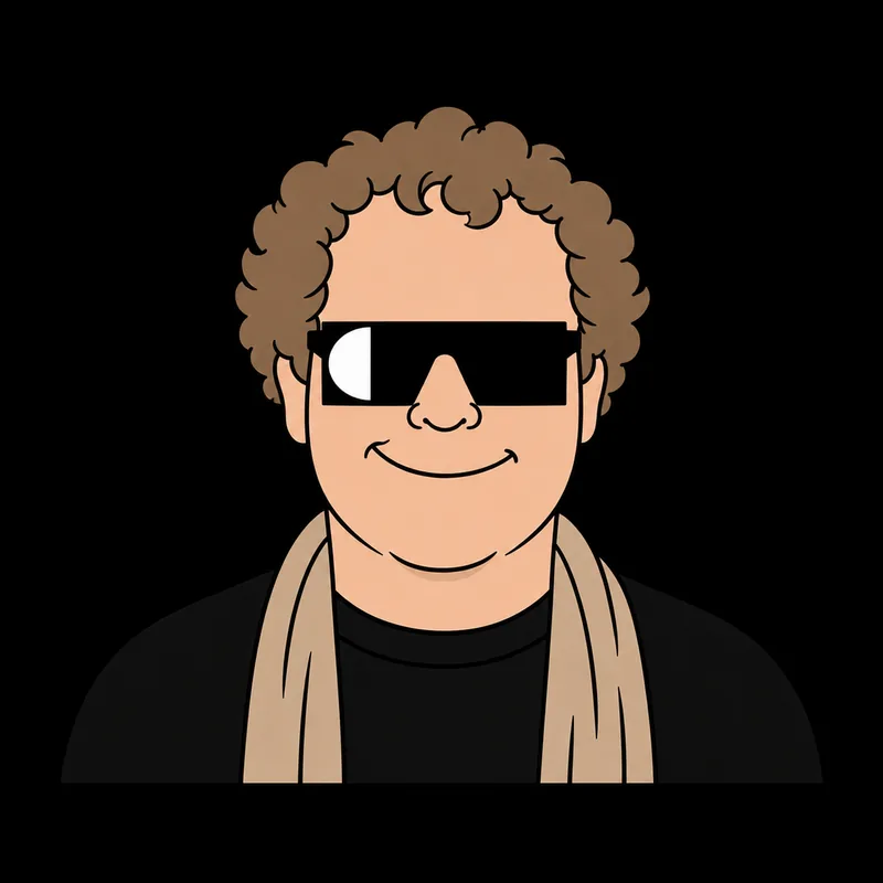 Portrait dessiné de l’artiste : cheveux bouclés, lunettes noires, écharpe claire, sur fond noir
