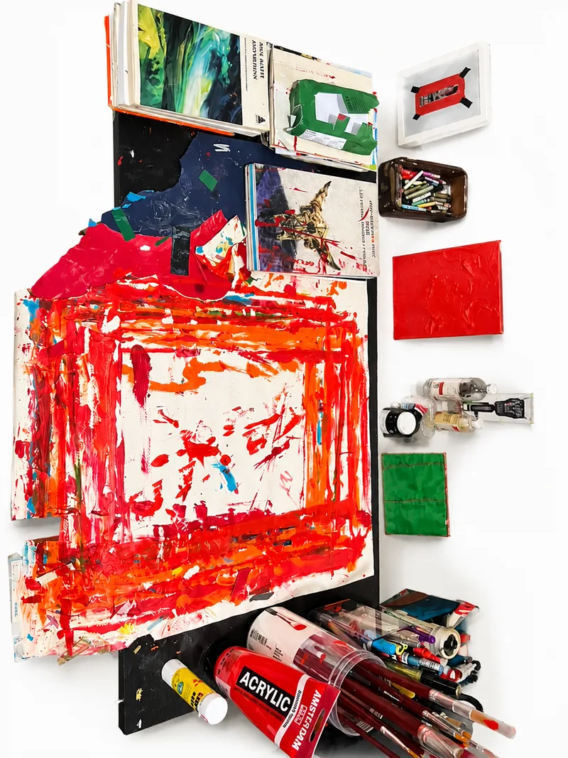 Grande œuvre rouge accrochée au mur, tubes d’acrylique alignés au-dessous