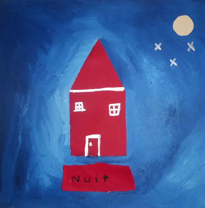 Maison rouge à la porte blanche sur fond bleu tourbillonnant, bandeau portant le mot Nuit