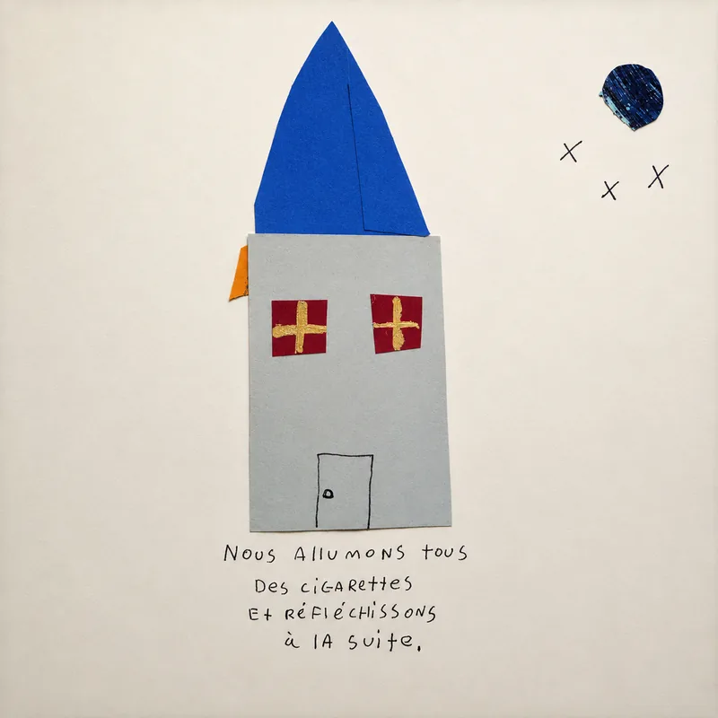 Maison grise au toit bleu, croix et lune, vers sur les cigarettes