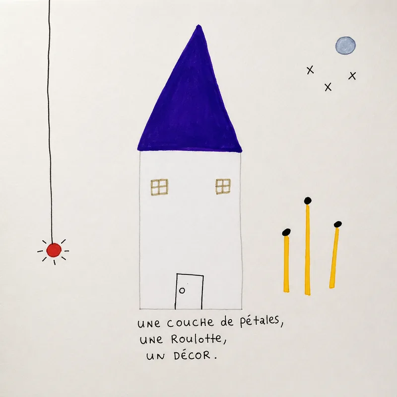 Maison crème au toit bleu nuit, allumettes dressées et soleil rouge pendu