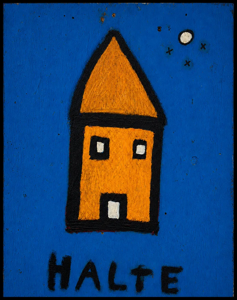 Maison ocre cernée de noir sur panneau bleu, inscription HALTE, lune blanche