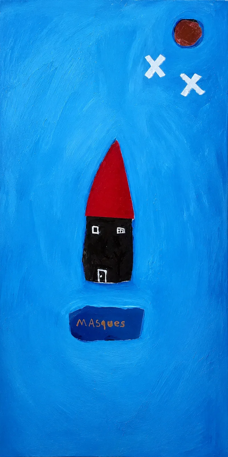Petite maison noire au toit rouge sur grand fond bleu, inscription MASQUES