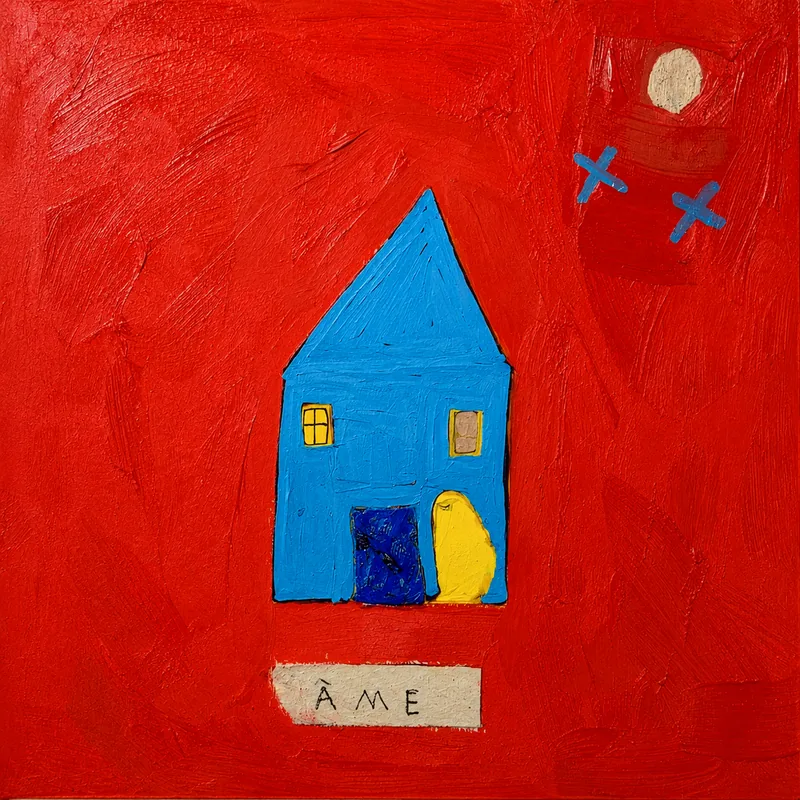 Maison bleue aux fenêtres jaunes sur fond rouge gratté, étiquette ÂME