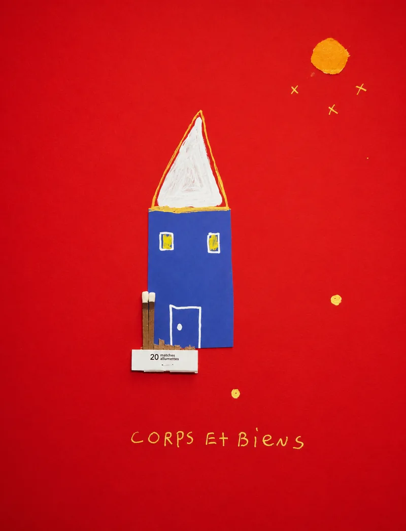Maison bleue au toit blanc sur fond rouge, inscription CORPS ET BIENS