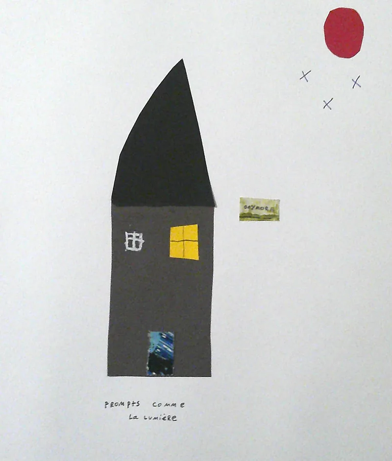 Maison sombre au toit noir sur fond clair, fenêtre jaune, disque rouge