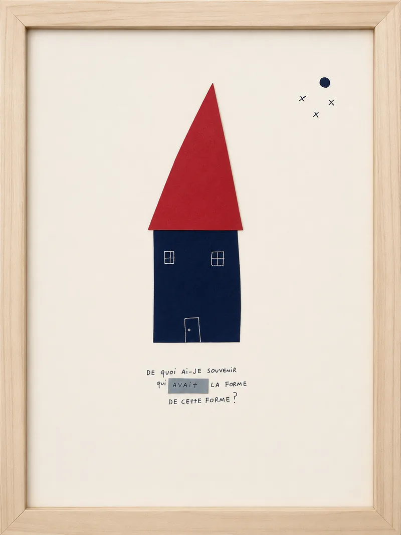 Œuvre encadrée : maison bleu nuit au toit rouge sur papier crème, vers manuscrit au-dessous