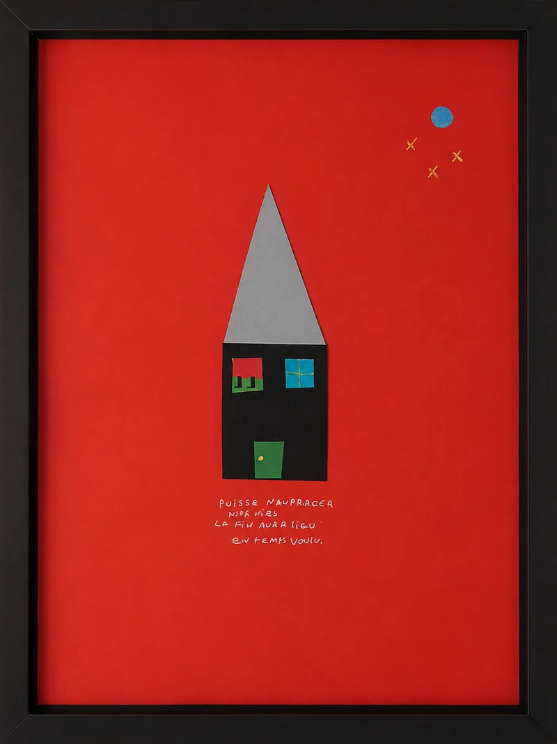 Maison noire au toit gris sur grand fond rouge, croix bleues et lune