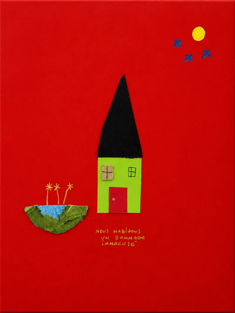 Maison verte au toit noir sur fond rouge, île fleurie flottante et soleil jaune