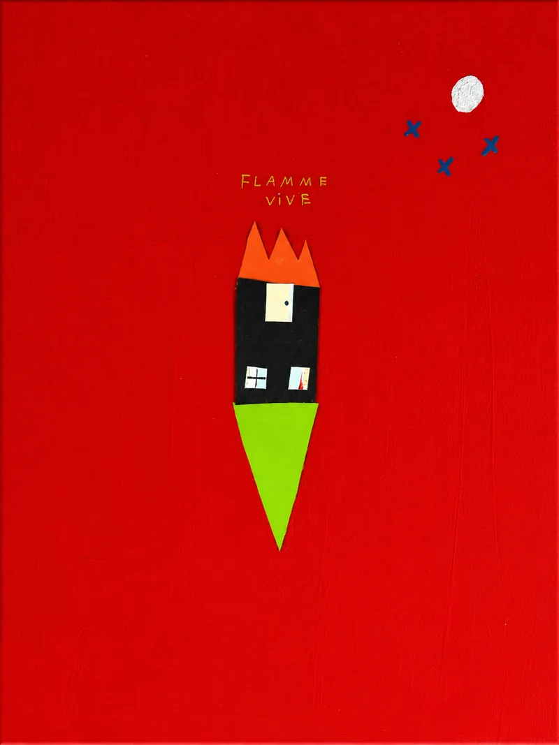 Maison-fusée verte et orange sur fond rouge, à lire la tête en bas
