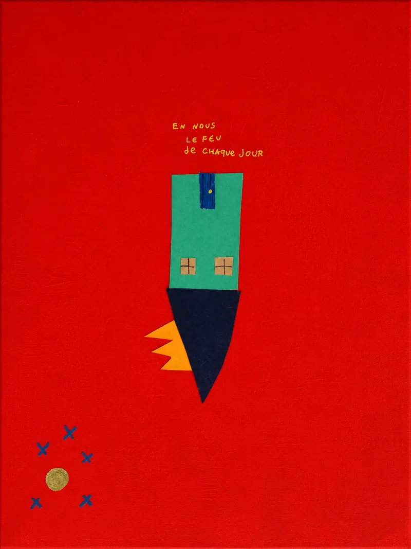 Maison turquoise au toit bleu nuit couronné de flammes orange, sur fond rouge