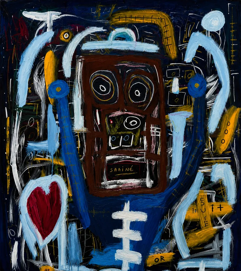 Grande toile bleu nuit : figure aux bras levés, cœur rouge, tête brune griffonnée, inscription SATINÉ