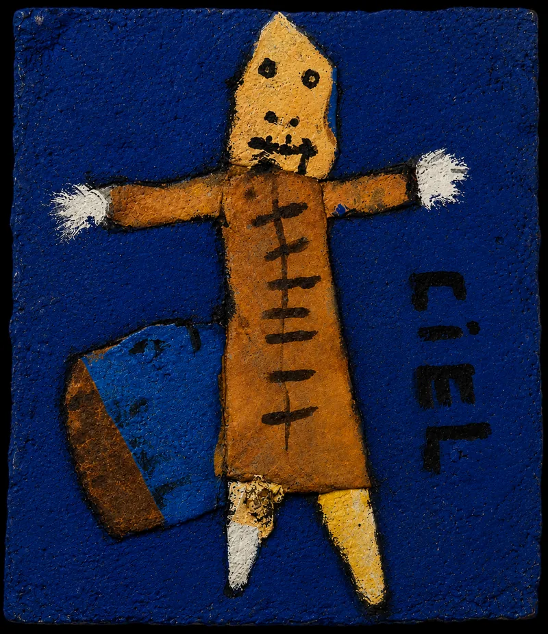 Personnage de papier aux bras ouverts sur fond bleu profond, inscription CIEL