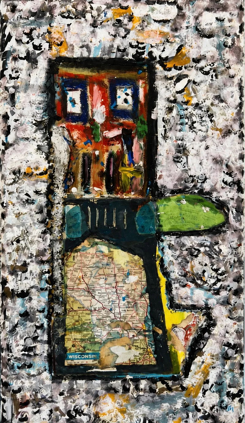 Façade sombre à deux fenêtres dans un champ de matière grise et blanche, carte du Wisconsin collée