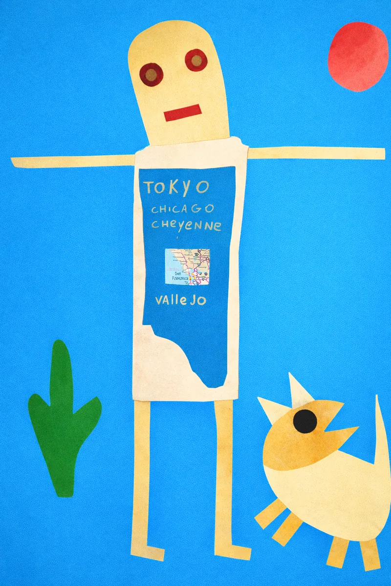 Personnage clair sur fond bleu, oiseau jaune, inscriptions TOKYO CHICAGO CHEYENNE