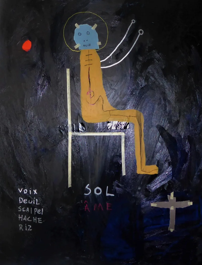 Figure assise sur une chaise dans le noir, halo bleu, mots VOIX DEUIL SOL