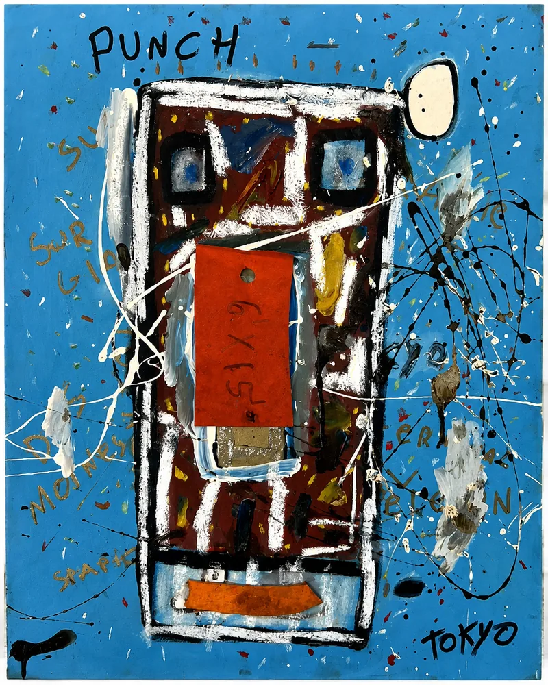 Visage-machine brun cerné de blanc sur fond bleu, éclaboussures, inscriptions PUNCH et TOKYO
