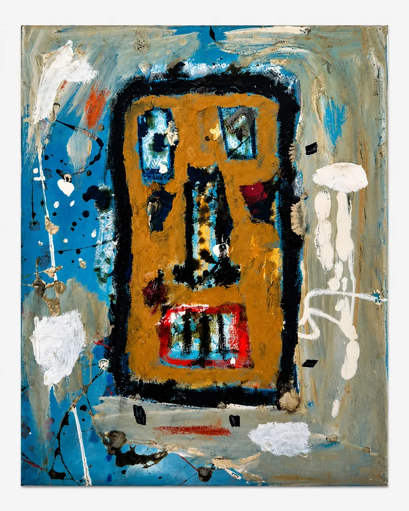Visage ocre aux yeux bleus et à la bouche rouge sur fond bleu-gris, coulures blanches