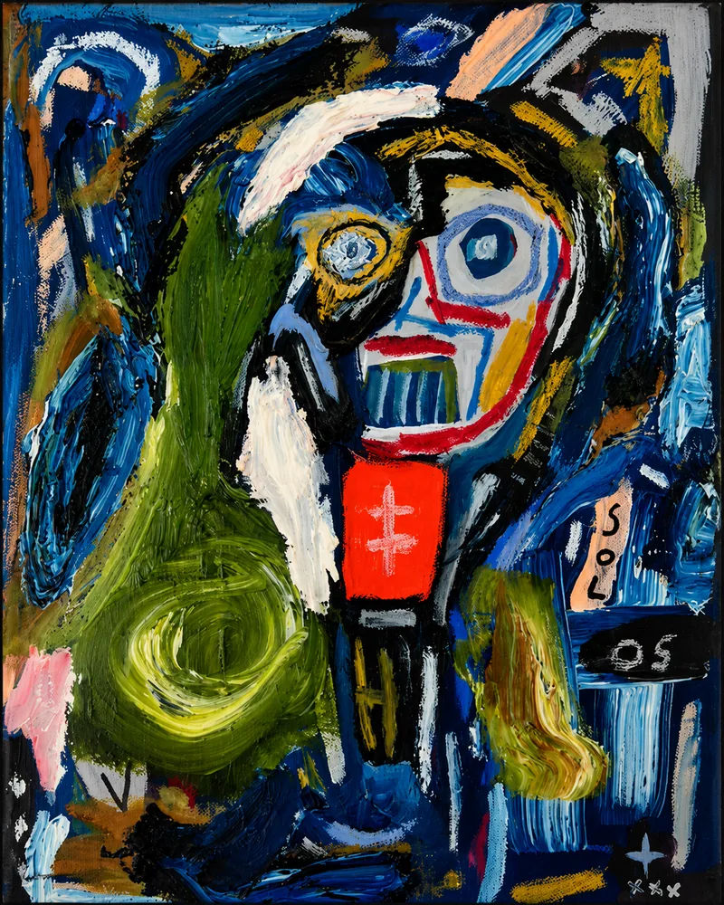 Visage bleu et vert aux traits appuyés, rectangle rouge, inscription SOL 05