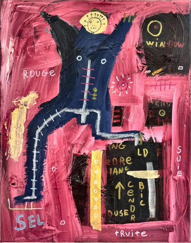 Figure bleu nuit dansante à la tête jaune sur fond rose, mots ROUGE, SEL, SUIE, TRUITE