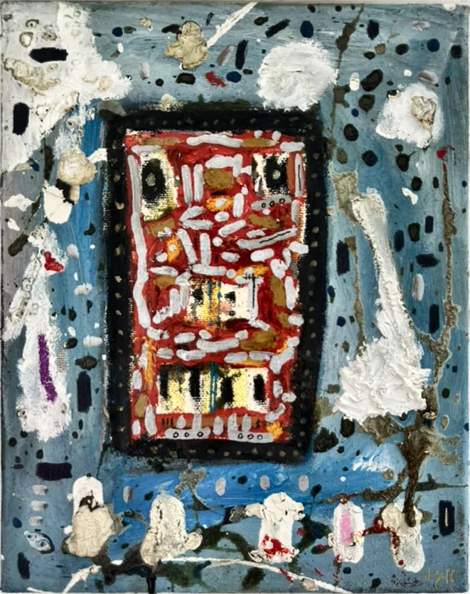 Façade rouge et or cernée de noir sur fond bleu moucheté, empâtements blancs