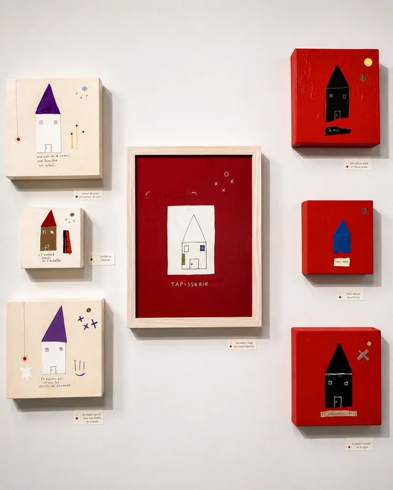 Six petites toiles rouges aux maisons stylisées autour d’une œuvre encadrée