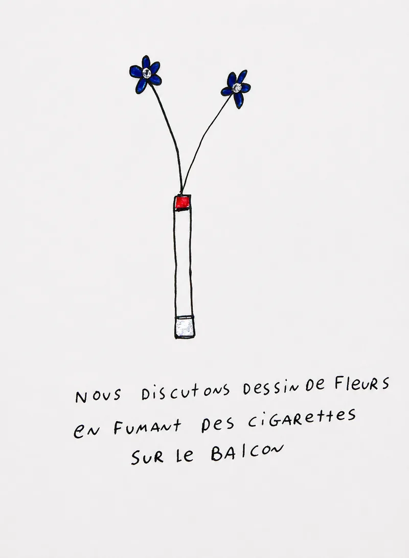 Deux fleurs bleues jaillissant d’une cigarette dessinée à l’encre