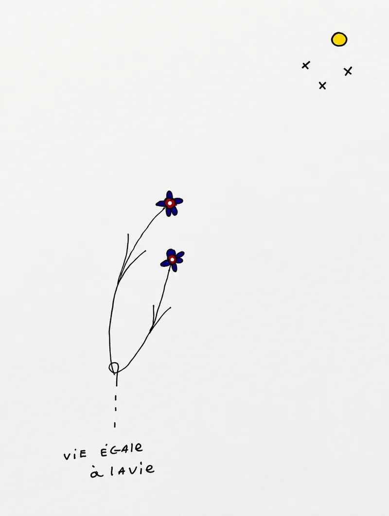 Tige courbe à l’encre portant deux fleurs bleu nuit, disque jaune en haut