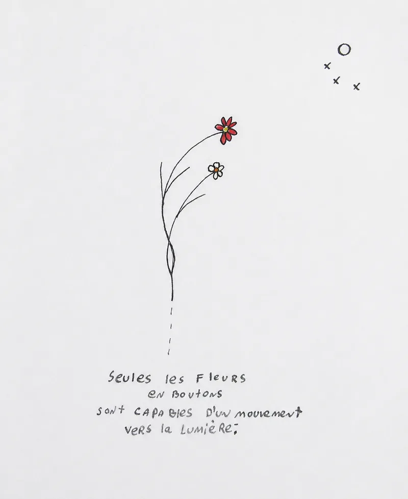 Deux boutons rouges au bout d’une tige à l’encre