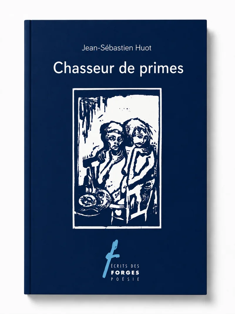 Couverture du recueil Chasseur de primes : gravure en noir et blanc de deux figures attablées, sur fond bleu nuit