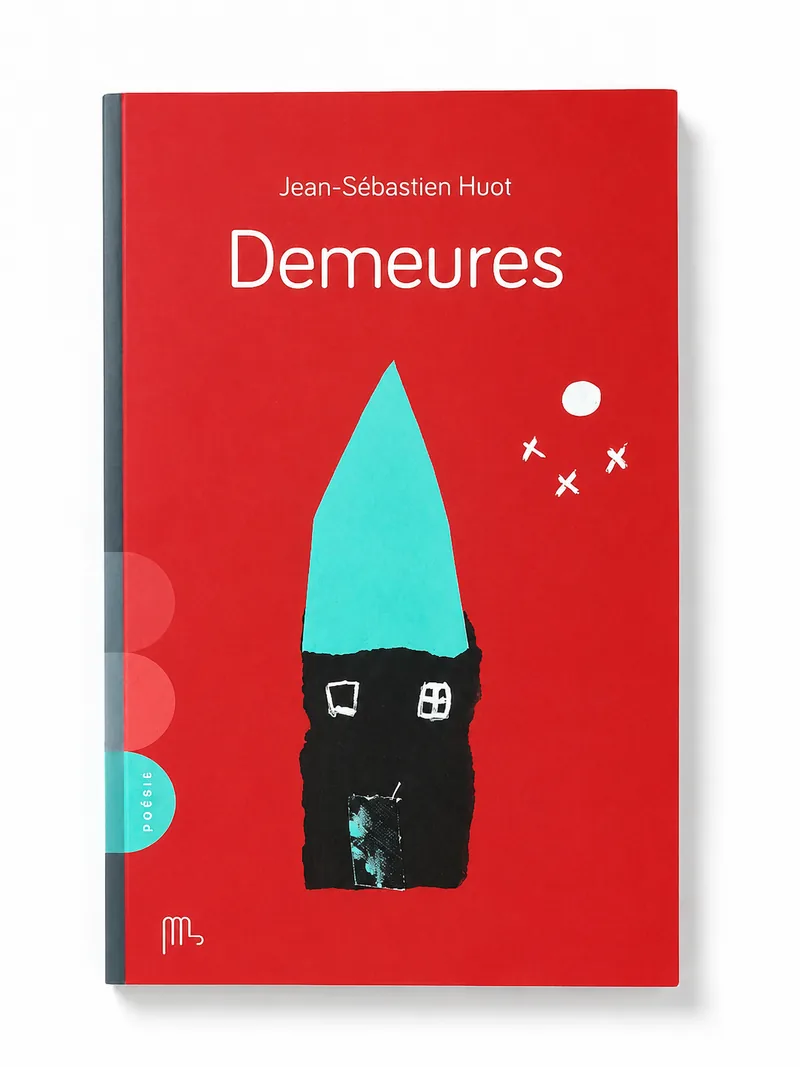 Couverture du recueil Demeures : maison noire au toit turquoise sur fond rouge