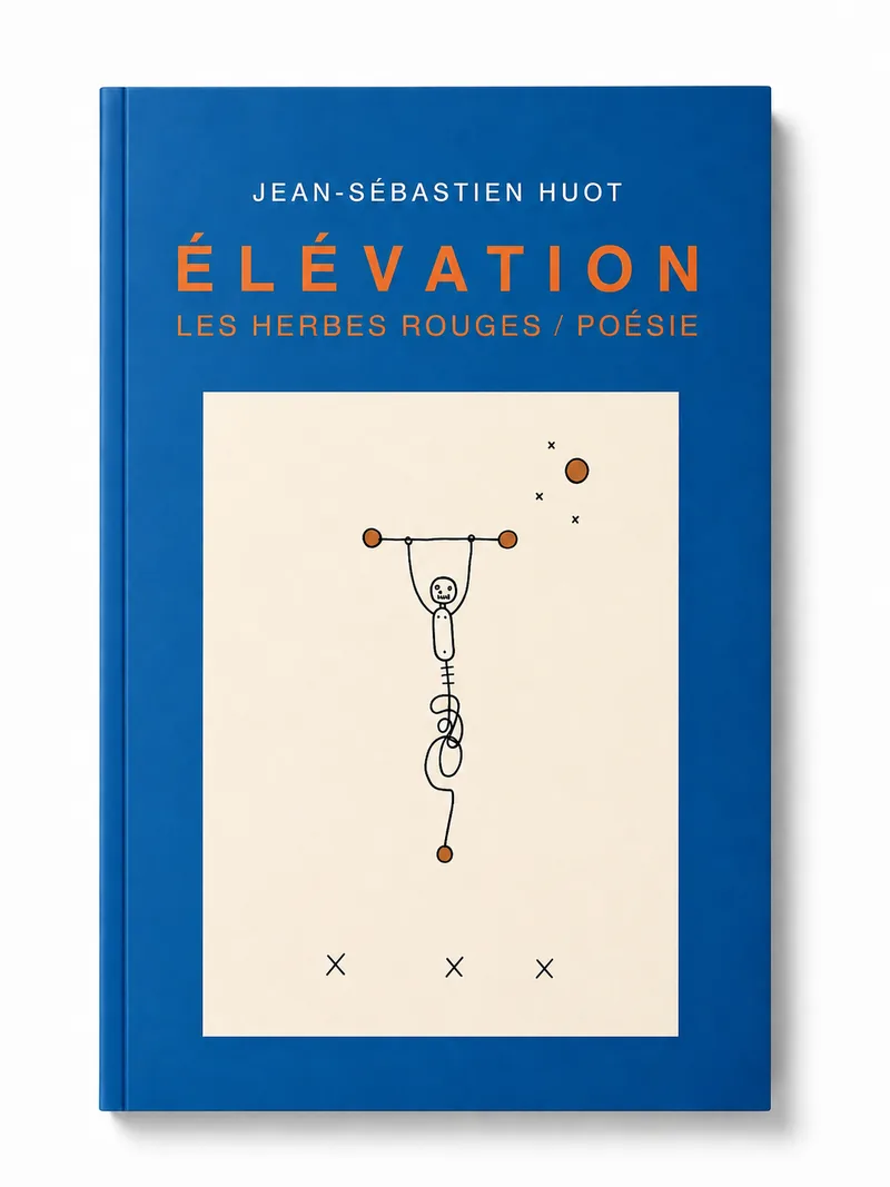Couverture du recueil Élévation : petit personnage au trait suspendu à une barre, sur fond bleu