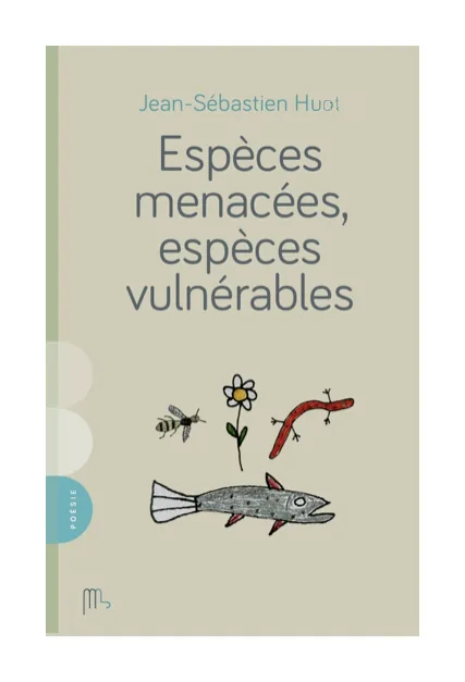 Couverture du recueil Espèces menacées, espèces vulnérables : une abeille, une fleur, un ver rouge et un poisson dessinés au trait sur fond beige