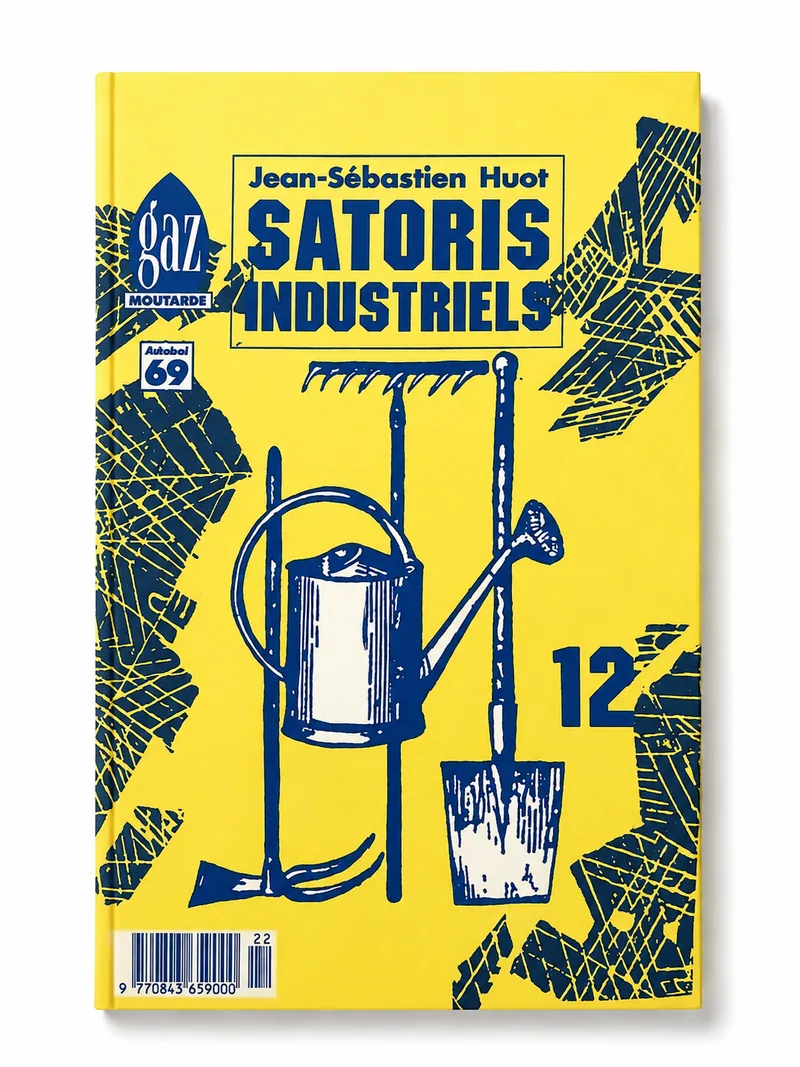 Couverture de Satoris industriels : arrosoir et outils de jardin dessinés au trait bleu sur fond jaune vif