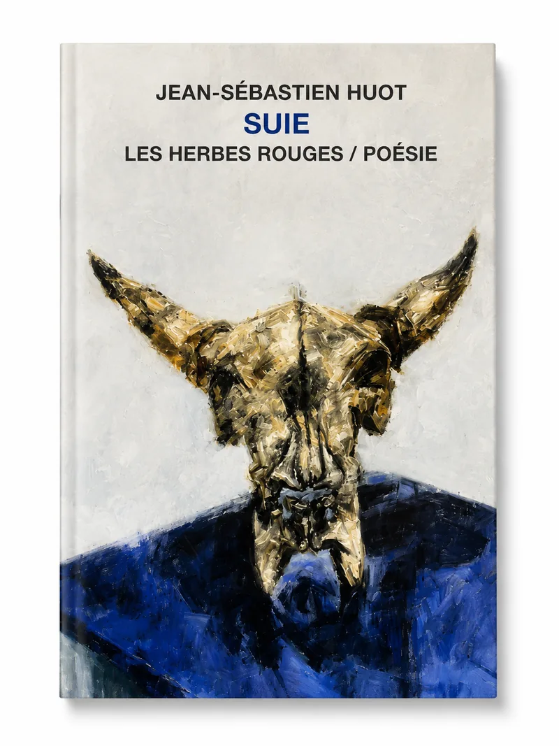 Couverture du recueil Suie : crâne de bœuf peint sur fond gris et bleu