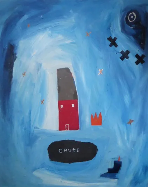 Maison grise au soubassement rouge sur fond bleu tourbillonnant, inscription CHUTE